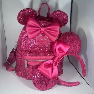 Loungefly Disney hot pink sequined backpack and matching ears